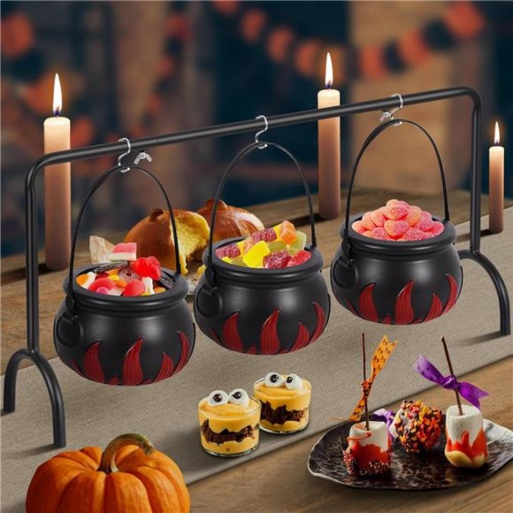 Cauldron Halloween Decor, 3 Witches Cauldron with Black Decor Iron Rack